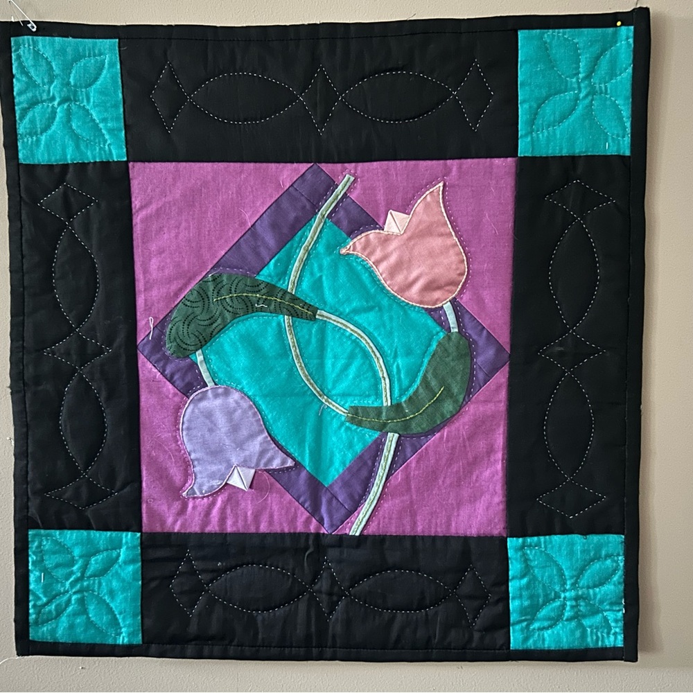 Tulips quilted wall hanging tulips purple green